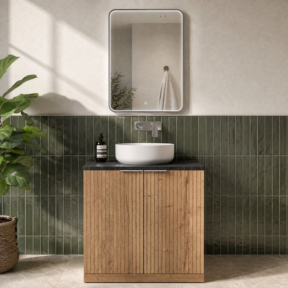 image 1 of Balterley Callingwood Contemporary Floor Standing 2 Door Vanity Unit with Black Pietra Marble Laminate Worktop , 800mm, Autumn Oak