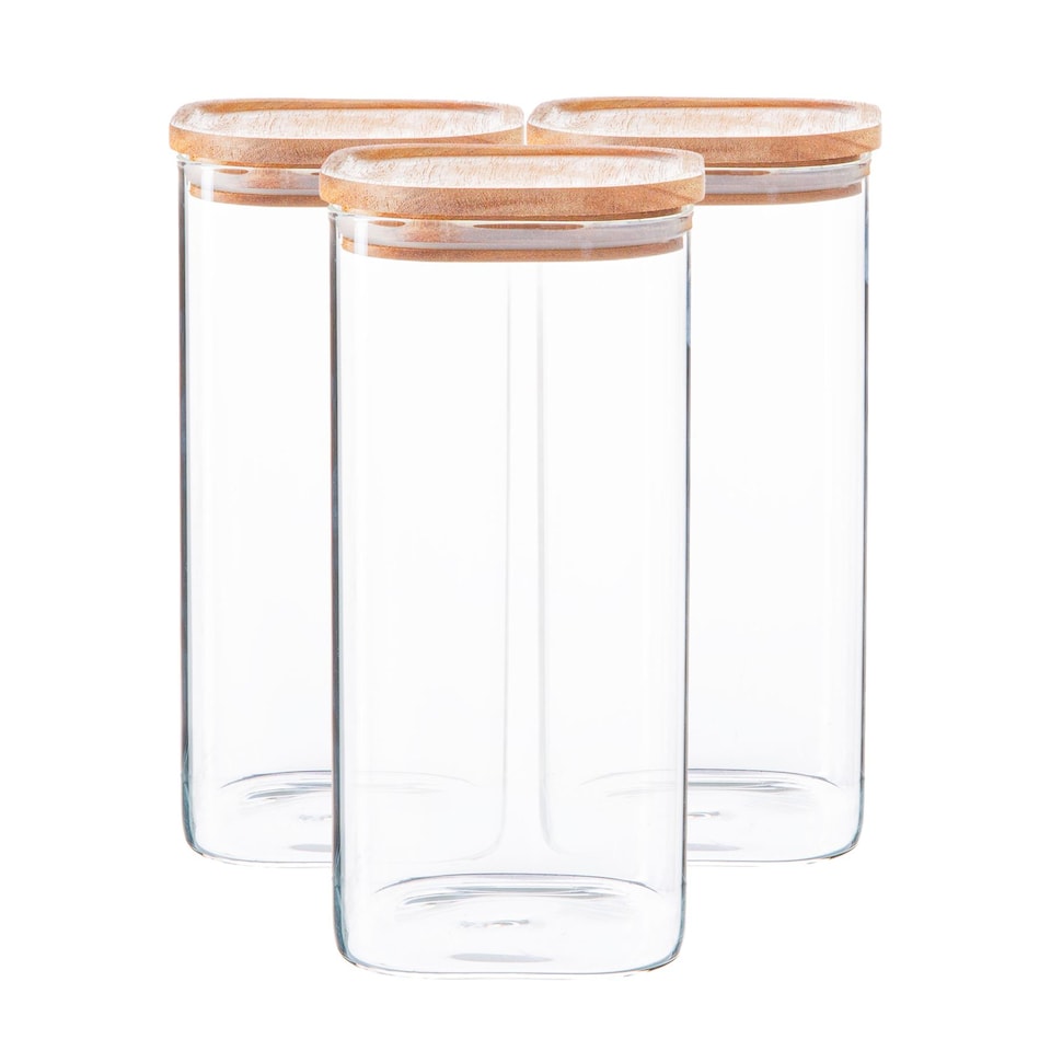 image 1 of Argon Tableware Square Glass Storage Jars with Wooden Lids - 1.5 Litre - Pack of 6