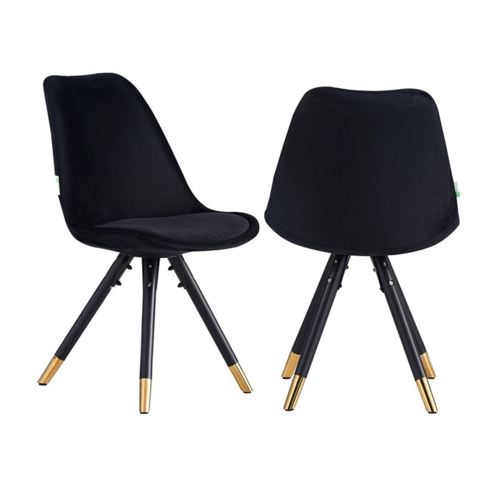 image 1 of Set of 2 Sofia Ergonomic Modern Dining Chairs Upholstered in Velvet, Metal Legs with Gold End Tips Black