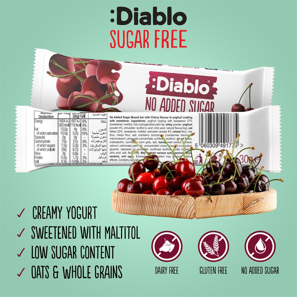 image 1 of Diablo No Added Sugar Yoghurt and Cherry Muesli Bar 30g 4 Pack