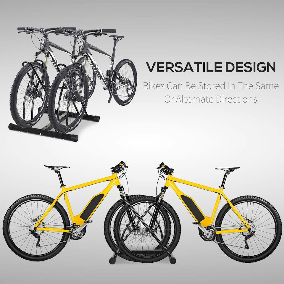 image 1 of HOMCOM Reversible 2 Bike Holding Rack Steel Frame Indoor Outdoor Foot Caps Stand