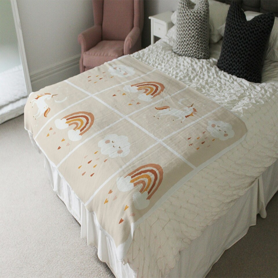 image 1 of Scandinavian Style Kids Room Decoration. Cute Hand Drawn Unicorn, Rainbow and Cloud (Blanket)