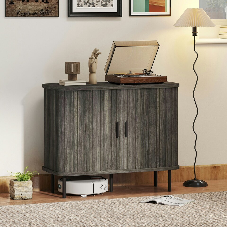 image 1 of HOMCOM Sideboard Storage Cabinet with Slatted Tambour Sliding Doors Grey Grey | Black