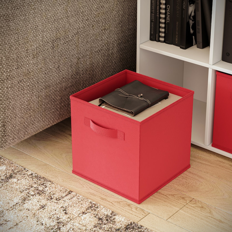 image 1 of Wide 7-Cube Bookcase With Drawers | Grey | Grey & Red | 1