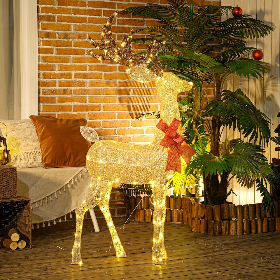 image 1 of Outsunny Lighted Reindeer Christmas Decoration w/ Stakes Zip Ties Gold Tone