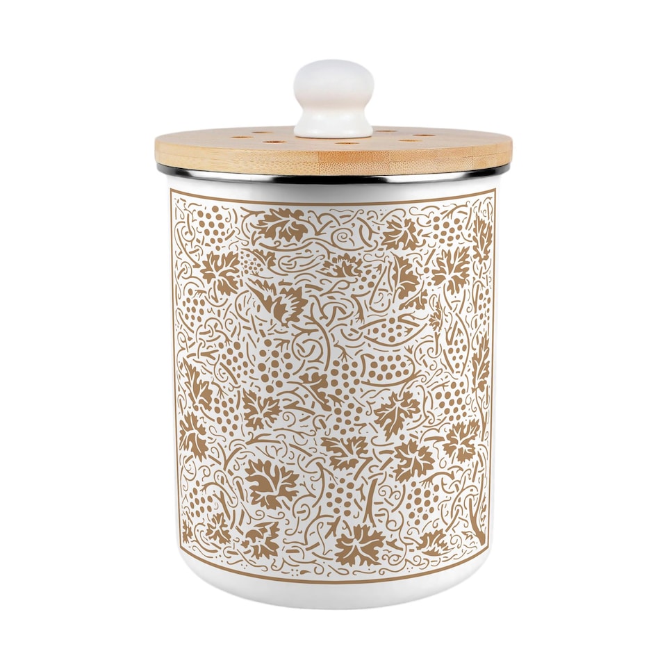image 1 of Oak Leaves & Berries Food Waste Caddy - Metal 2L Golden Yellow Decorative Kitchen Compost Bin