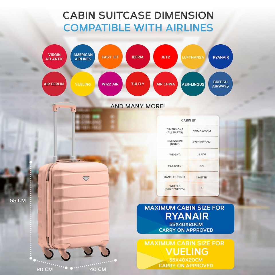 image 1 of 55x40x20cm Ryanair (Priority) TUI, Carry on Cabin Suitcase Hard Shell Approved for 60+ Airlines Pink | Rose | Cabin Bag