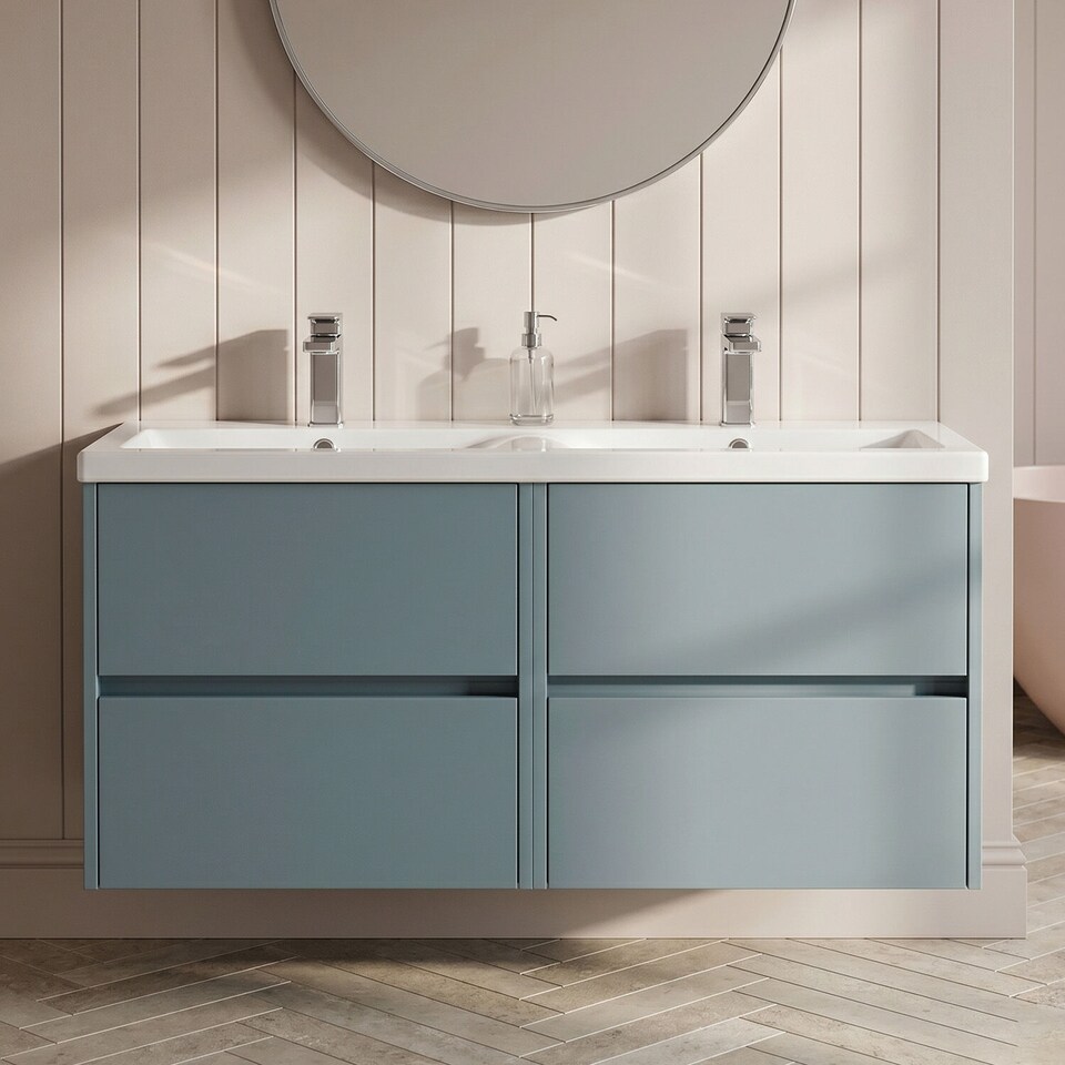 image 1 of Balterley Chartley Contemporary 4 Drawer Wall Hung Vanity Unit with Double Basin, Coastal Grey, 1200mm