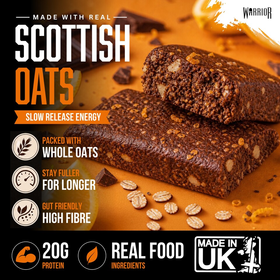 image 1 of Warrior RAW Protein Bars 12 x 75g – 20g High Protein Bar, Low Sugar High Fibre Oat Protein Flapjack – Protein Snacks, Meal Replacement Bars (Chocolate Orange)