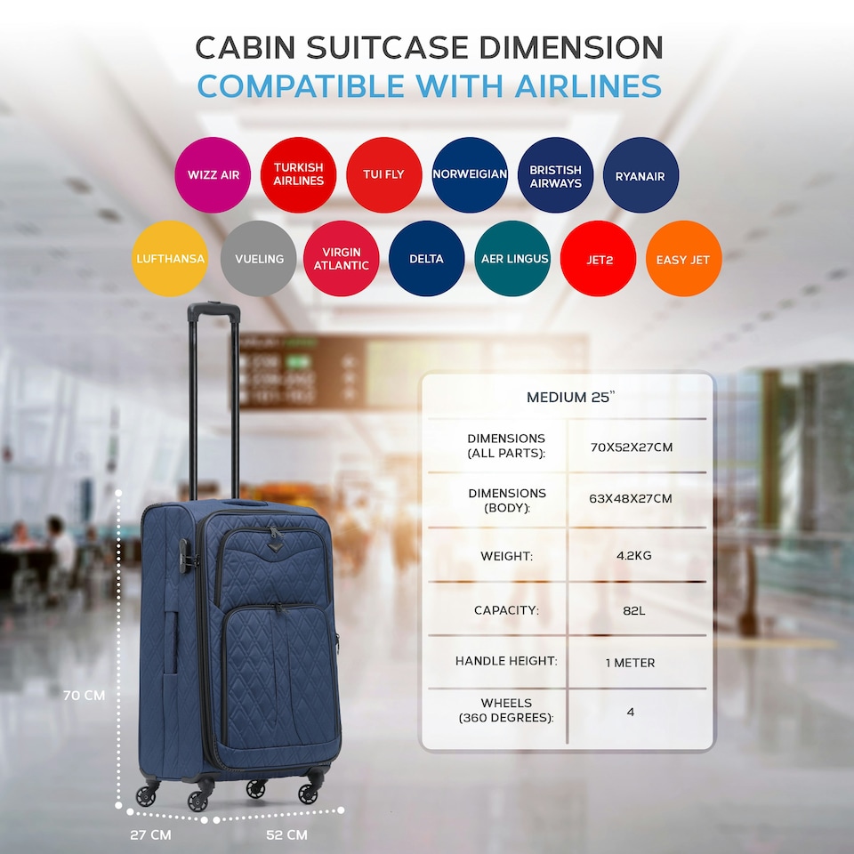 image 1 of Flight Knight Lightweight 4 Wheel 800D Soft Case Quilted Suitcases Anti Crack Cabin & Hold Luggage Options 100+ Airlines Approved - easyJet, BA & Many More! Blue | Navy | Medium