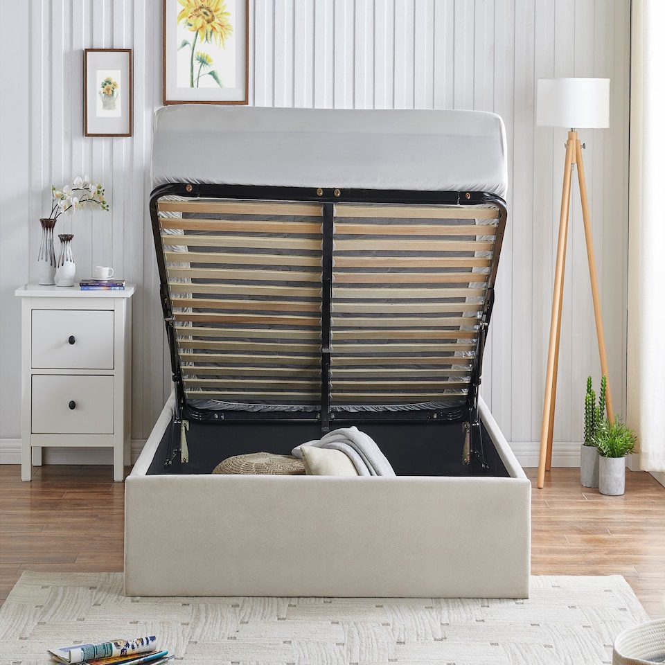 image 1 of 3ft Single Ottoman gas liftup storage bed frame,fabric upholstered, natural beige,buttoned back,curved bed frame,bedstead