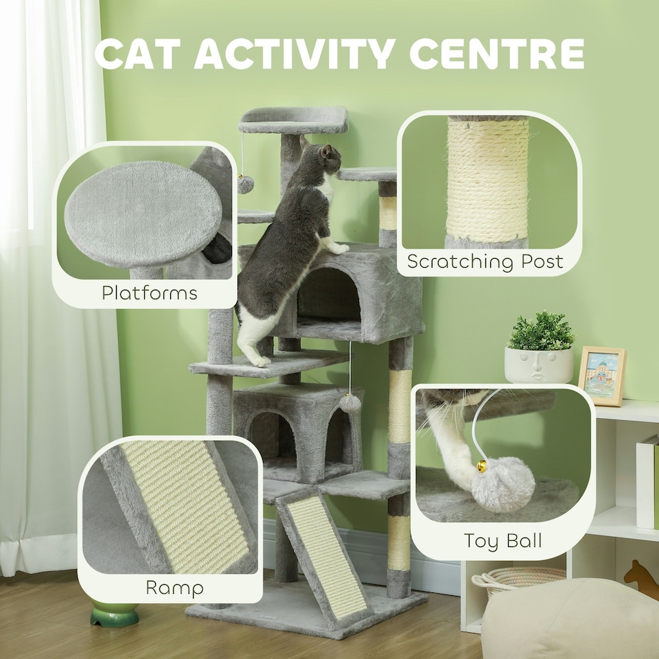 image 1 of PawHut 138cm Cat Tower with Scratching Posts Bed Condo Platform, Light Grey