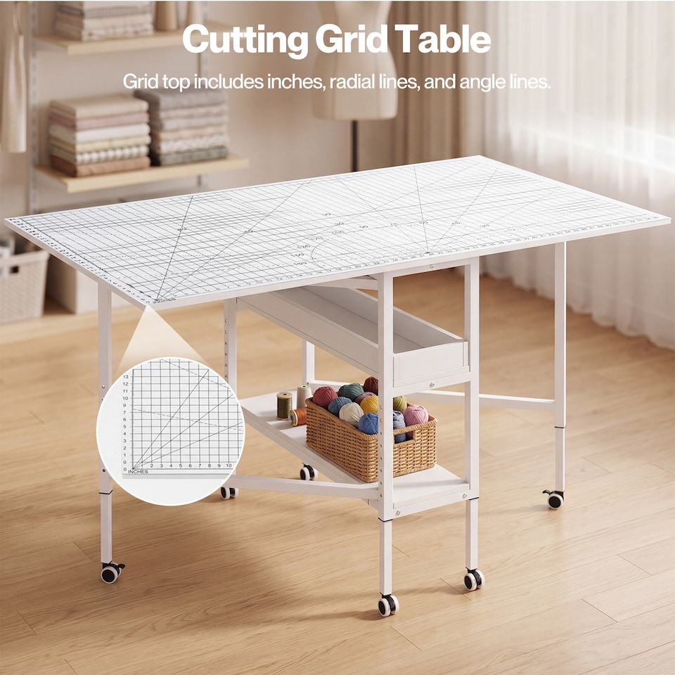 image 1 of Levede Sewing Table Foldable Craft With Grid Adjustable Height Storage Black
