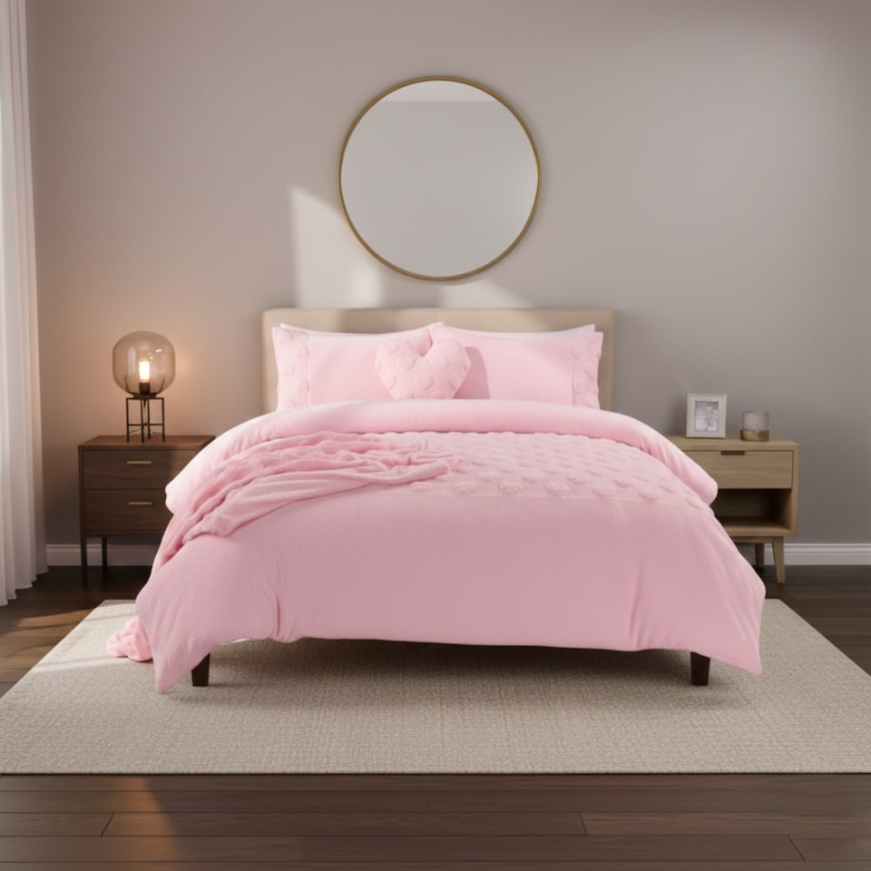 image 1 of Super Soft Teddy Duvet Cover Set Heart Embossed Cozy Fleece Bedding | Pink | Super King