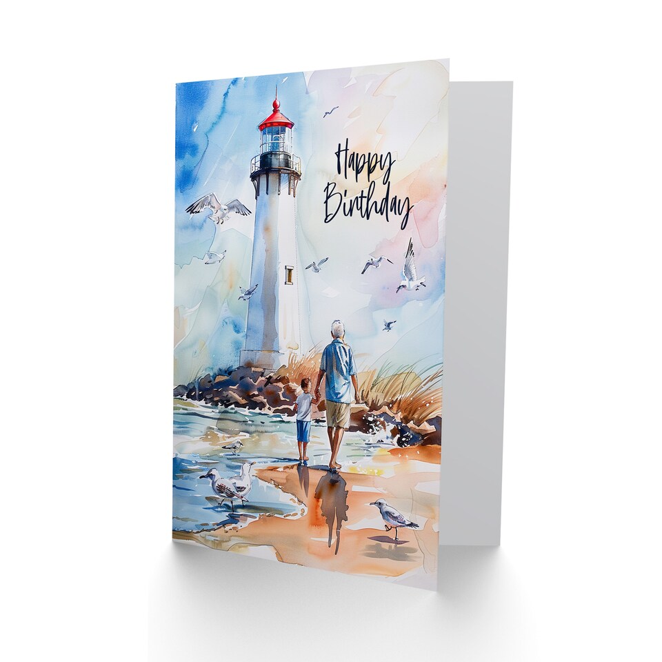 image 1 of Lighthouse Seagulls Beach Walk With Grandad Birthday Card