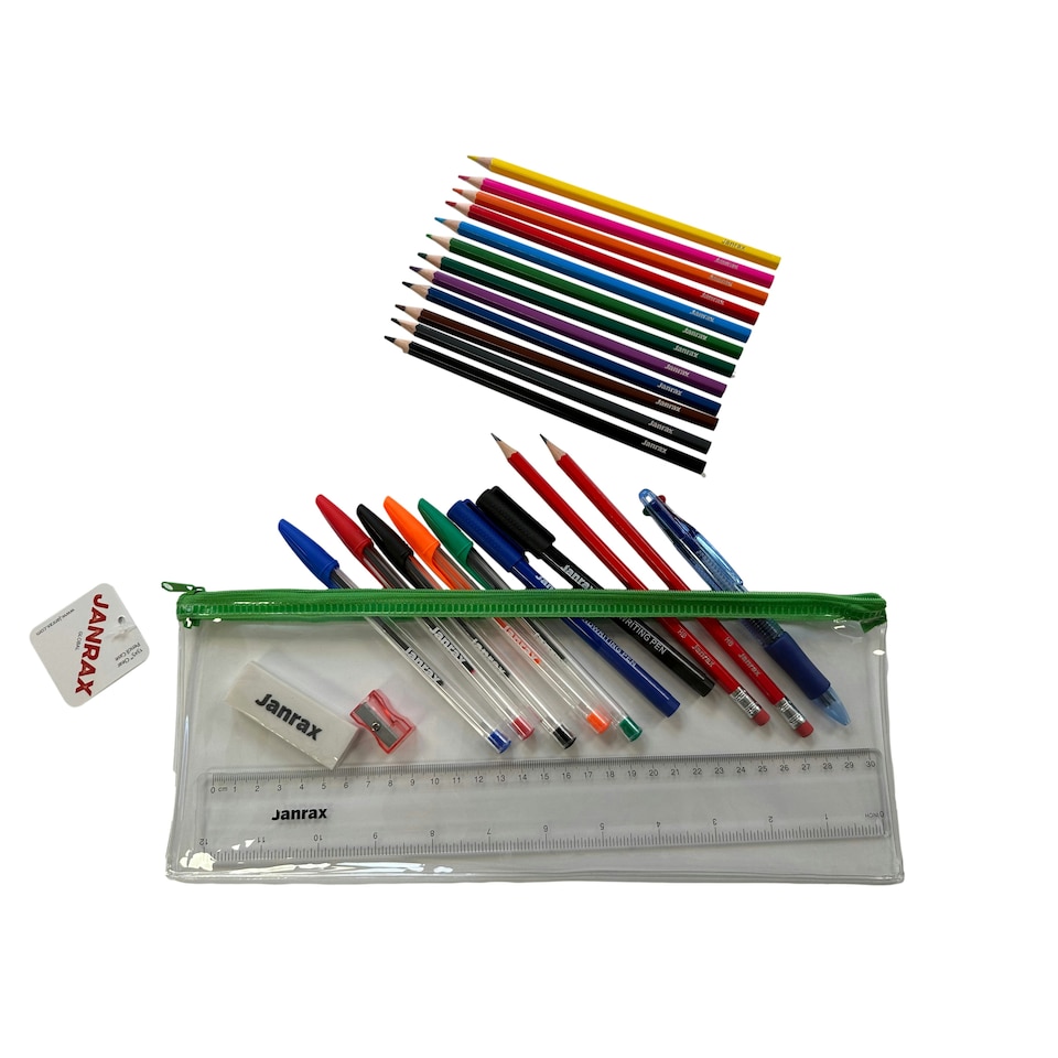image 1 of Stationery Filled Green Zip 13x5" Pencil Case with Colouring Pencils