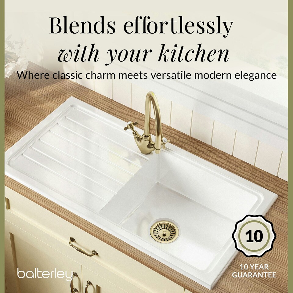 image 1 of Fireclay Kitchen Bundle - Single Bowl Sink & Drainer, Waste & Mono Crosshead Tap, 1010mm - Brushed Brass - Balterley