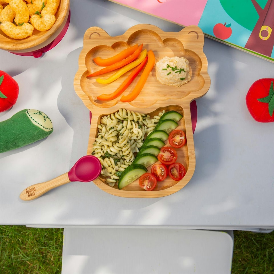 image 1 of Tiny Dining 4pc Llama Bamboo Suction Baby Feeding Set - Red