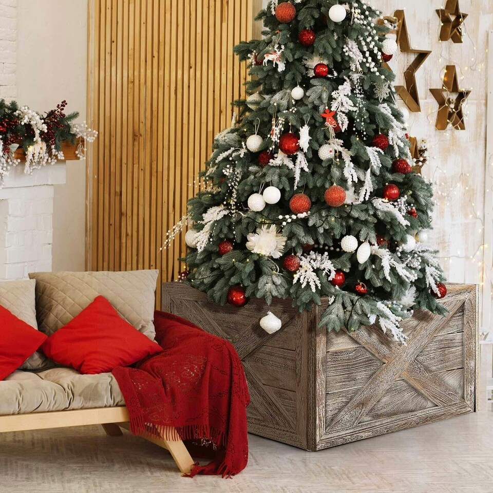 image 1 of COSTWAY Christmas Tree Wooden Tree Box Stand Cover Grey | One Size