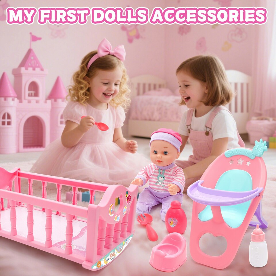 image 1 of 13 Inch Baby Doll Play Set My First Baby Doll with Swinging Crib High Chair and Feeding Accessories Pretend Play Girls Toys