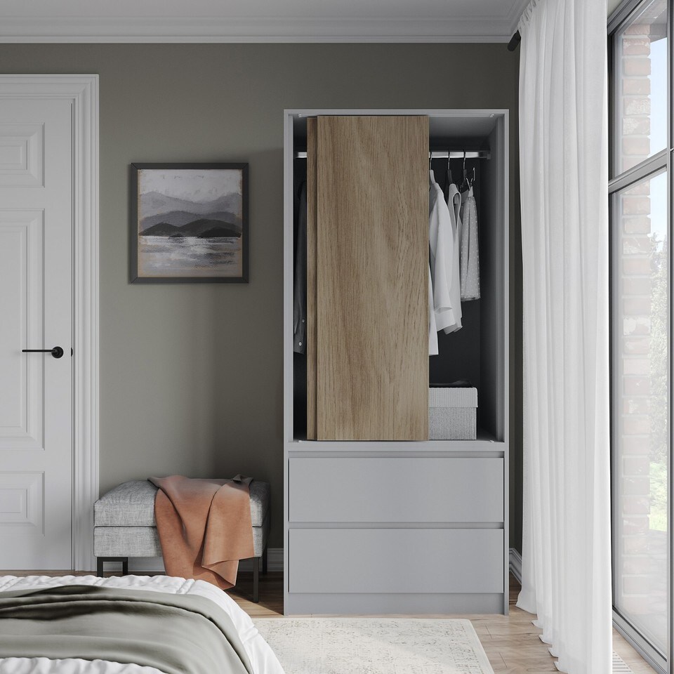image 1 of URBNLIVING 2 Sliding Door Wardrobe With 2 Drawers And Hanging Rail | Grey | Oak Doors | 1