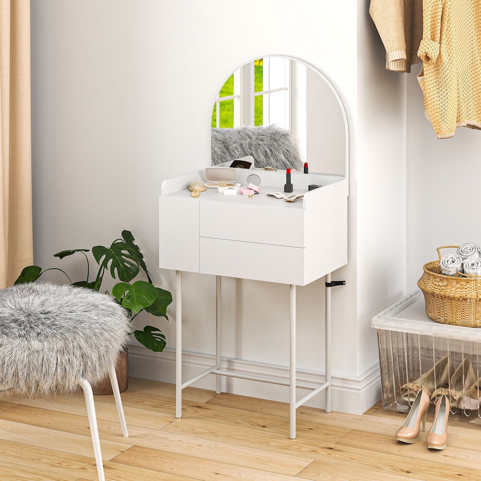 image 1 of HOMCOM Modern Dressing Table with Arched Mirror, Makeup Table with 3 Drawers, Compact Vanity Desk for Bedroom, Small Spaces, 60 x 42.5 x 131 cm, White