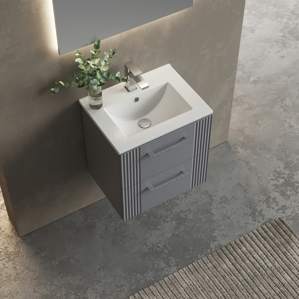 image 1 of Retro 2 Drawer Wall Hung Vanity Unit with Minimalist 1 Tap Hole Ceramic Basin - 500mm - Satin Grey - Balterley Grey
