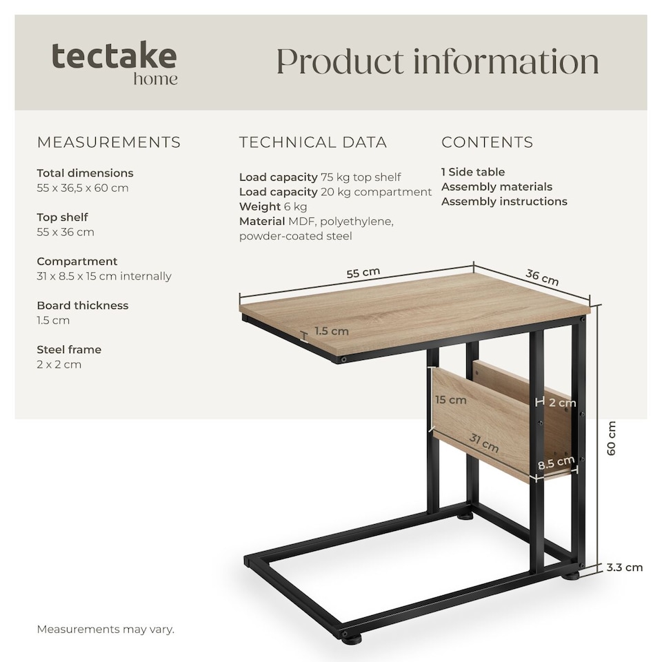image 1 of Bedside Table Wigan - industrial style, with side compartment, 55 x 36.5 x 60 cm | Brown | industrial wood light, oak Sonoma | 55 x 36,50 x 60 cm | 1