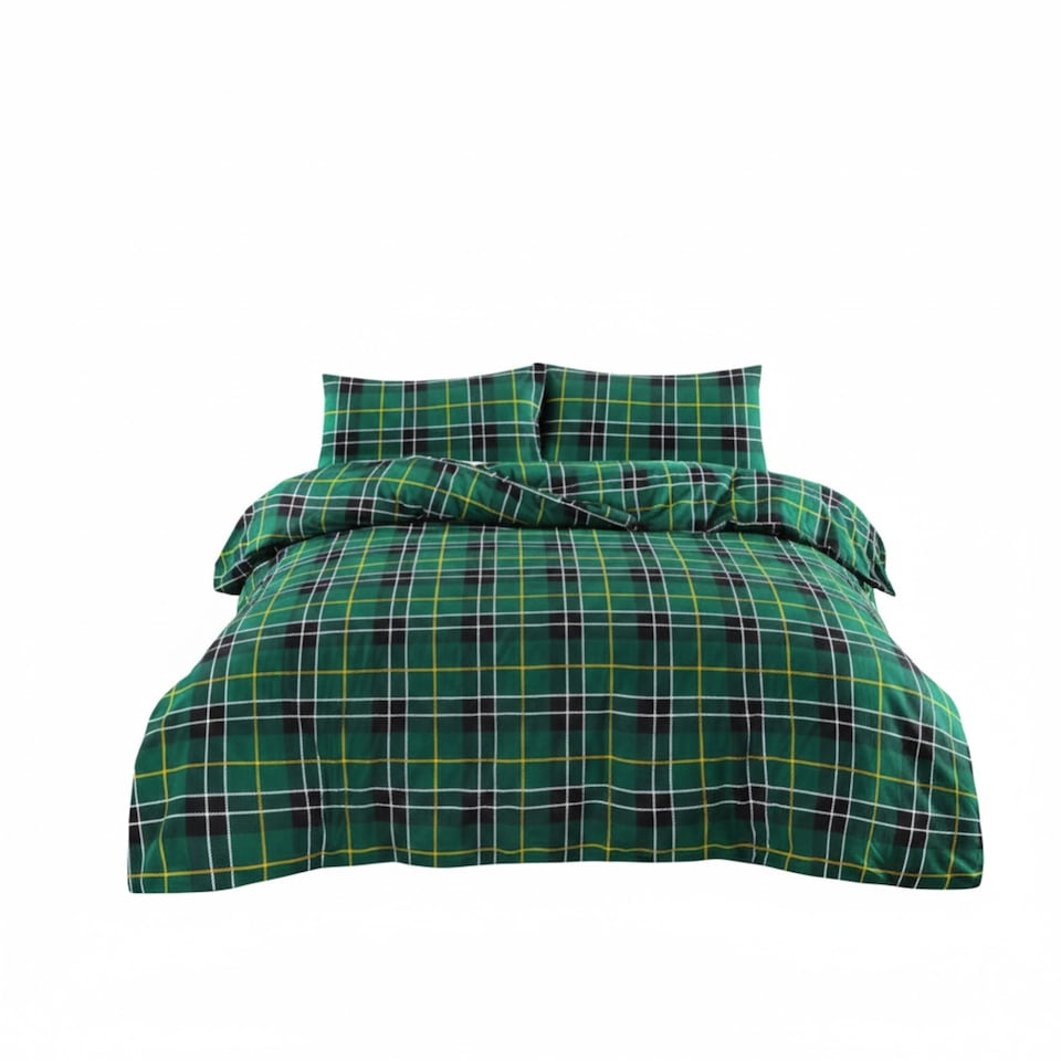image 1 of Thermal Flannelette Tartan Duvet Cover Set Warm Brushed Cotton Bedding | Green | Single