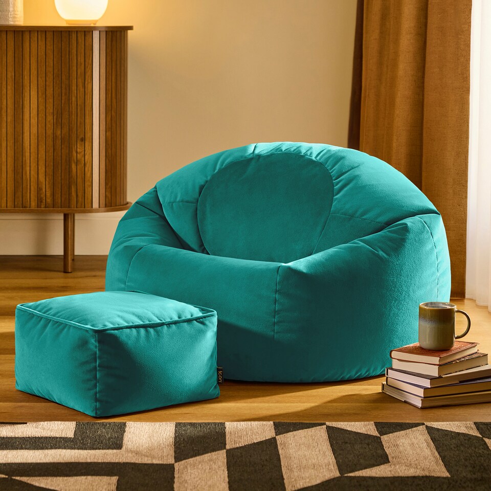image 1 of icon Kingston Classic  Velvet Bean Bag Chair and Square Footstool Velvet, Teal