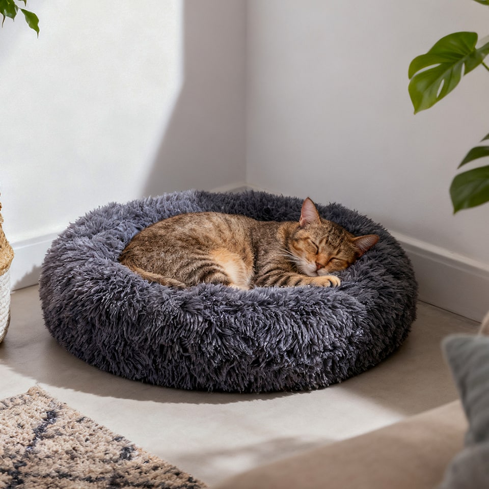 image 1 of Living and Home Calming Round Donut Plush Dog Cuddler Bed | Grey | Dark Grey