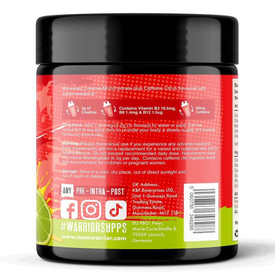 image 1 of Warrior Creatine + Energy – 3g Creatine, 80mg Caffeine & B-Vitamins for Strength, Focus & Stamina – Citrus Blast, 360g (112 Servings)