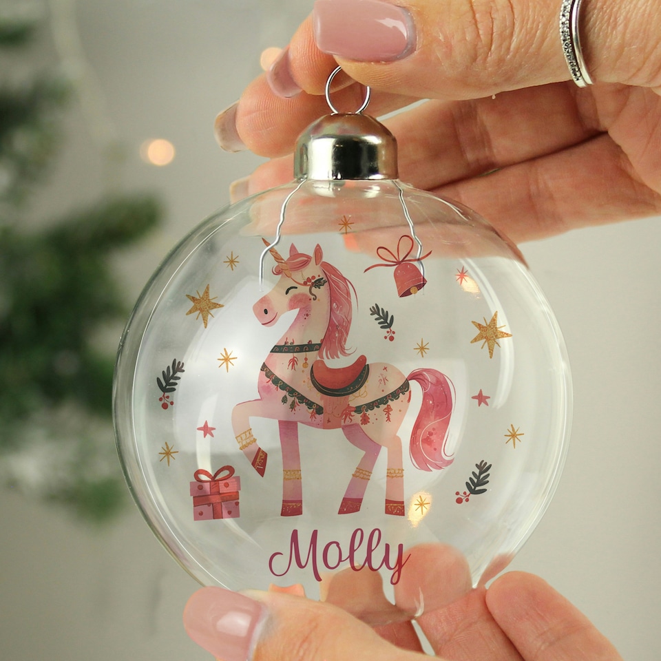 image 1 of Personalised Unicorn Christmas Glass Bauble