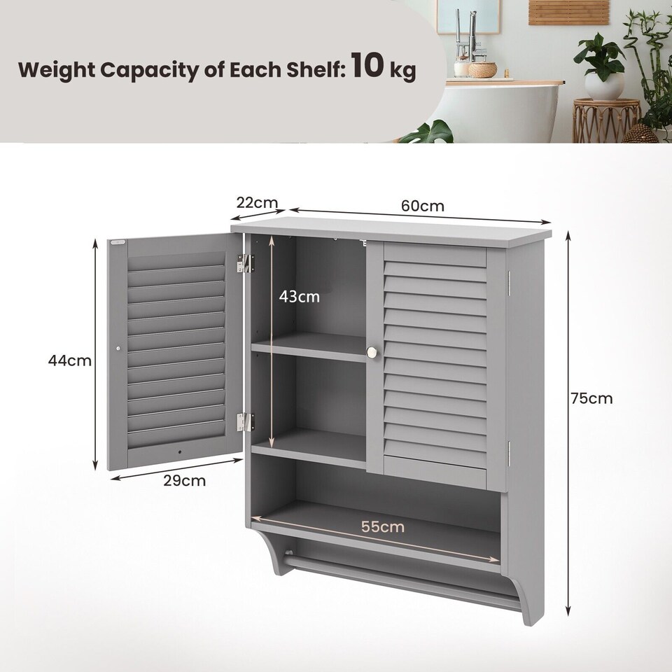 image 1 of COSTWAY Wall mounted Bathroom Cabinet Double Door Storage Medicine Cabinet Towel Bar