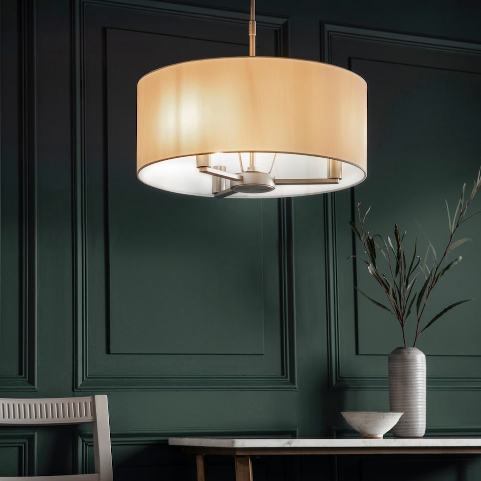 image 1 of Daley 3 Light Multi Arm Ceiling Pendant Matt Nickel, Cylindrical Vintage White Silk Effect Shade, E14
