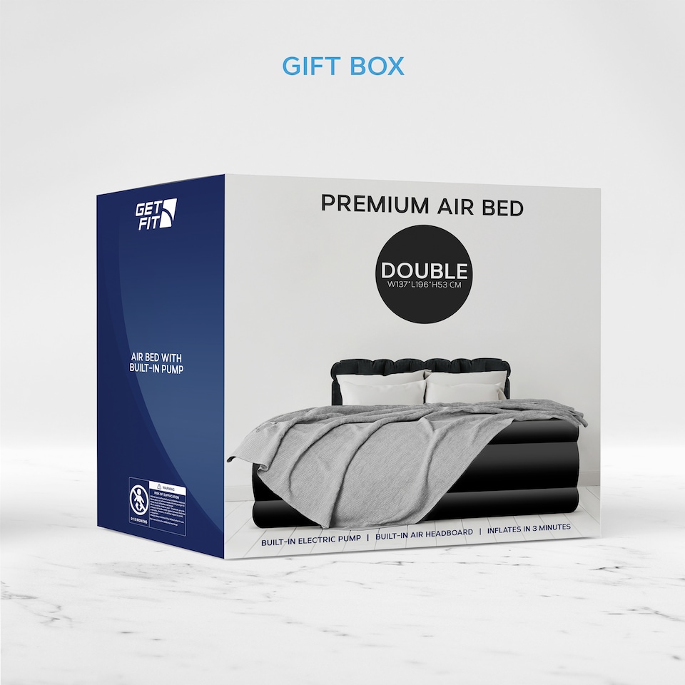 image 1 of Get Fit Air Bed With Built In Electric Pump - Premium Double Airbed - Quick Blow Up Bed With Headboard & Free Inflatable Pillow | Black | Black Mono | 1