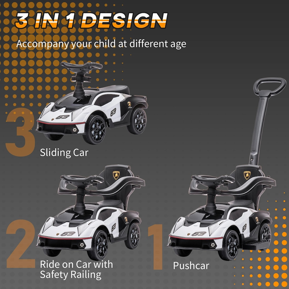 image 1 of AIYAPLAY Lamborghini 2 in 1 Baby Ride on Push Car Toddler Push Along Car, White