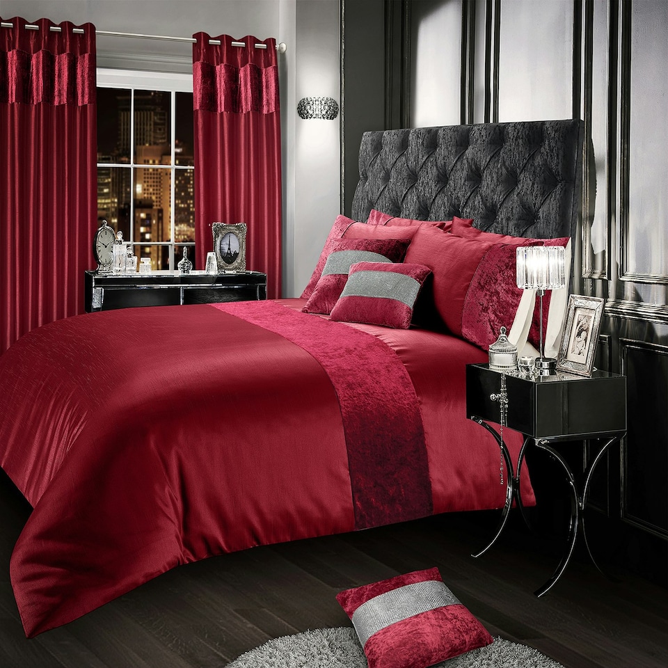 image 1 of Intimates Crushed Velvet Panel Duvet Cover & Pillowcase Set Red | Raspberry | Super King
