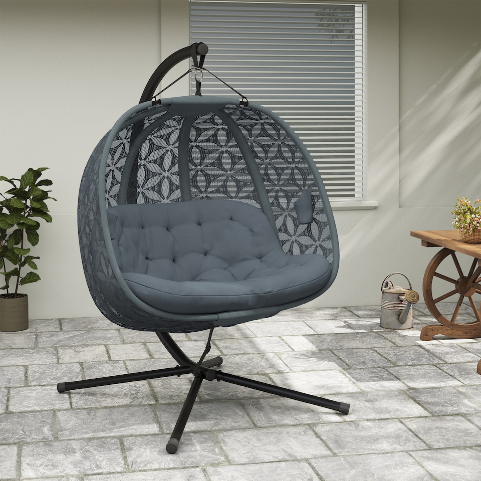 image 1 of Outsunny Double Hanging Swing Chair w/ Stand & Cup Holders, Charcoal Grey | Grey