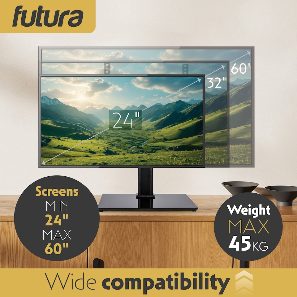image 1 of Futura 24-60 Inch Universal TV Table Stand, Swivel & Height Adjustable 45kg Load Black