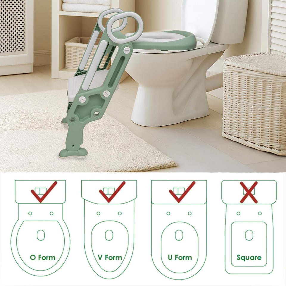 image 1 of Straame Toddler Toilet Ladder Seat- Portable Children Potty Training Chair (Green - White)