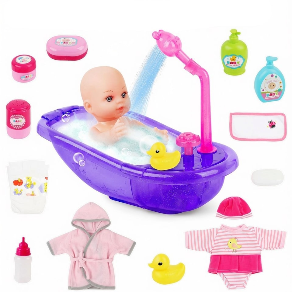 image 1 of Baby Doll Bath Set with Real Working Bathtub & Shower Spray – 12" Baby Doll, Bath Accessories & Pretend Play Set for Kids Ages 3+