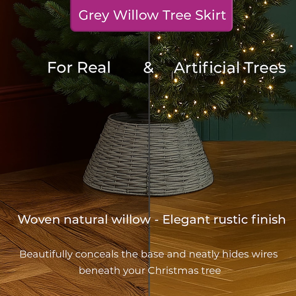 image 1 of Neo Grey Willow Christmas Tree Skirt Natural Rustic Handwoven Half Split Willow Base Cover Hider Collar