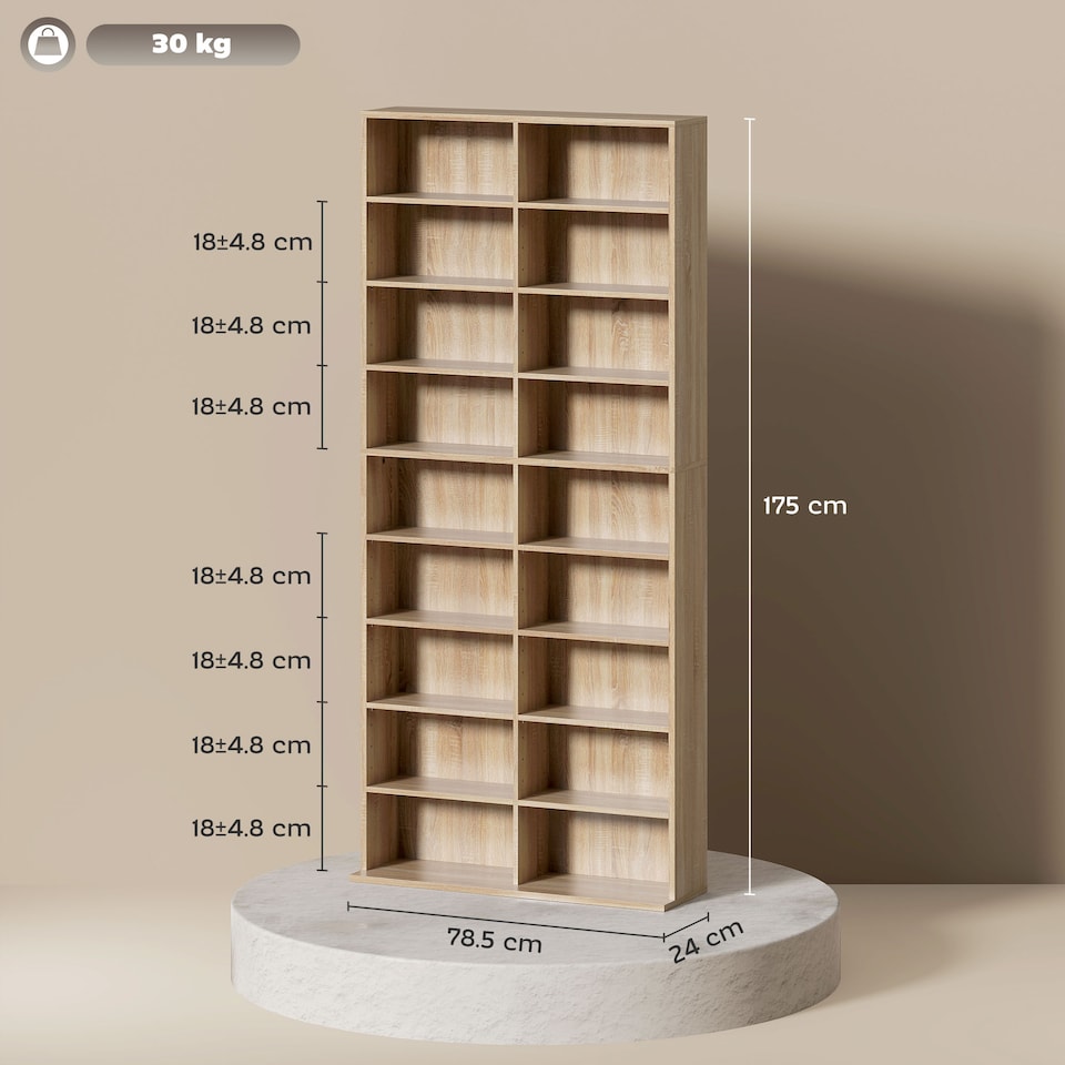 image 1 of HOMCOM 640 CD360 DVD Storage Unit, Blu-ray Media Storage Shelf with 18 Compartments and 14 Adjustable Shelves, CD Tower for Living Room, Bedroom, Office, Nature Wood Finish | Brown