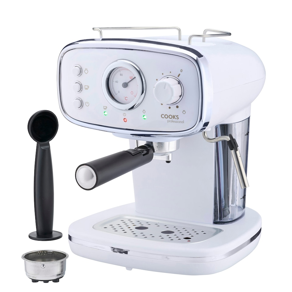 image 1 of Cooks Professional Retro Espresso Machine | 15-Bar Pressure | Steam Wand | Large 1.2L Water Tank | White & Silver