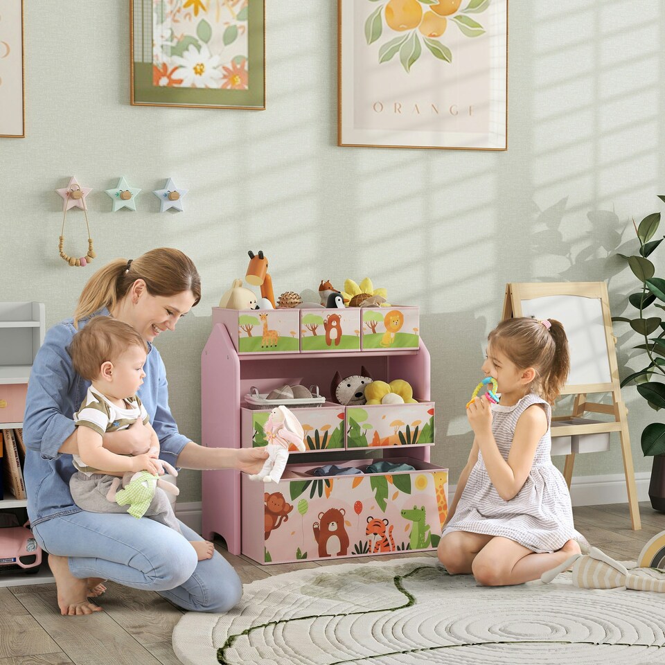 image 1 of AIYAPLAY Kids Toy Storage Unit with 6 Storage Boxes for Playroom, Pink