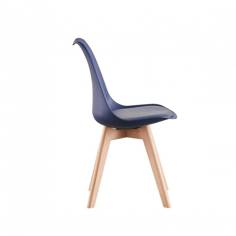 image 1 of Single Scandinavian Dining Chair with Leather Cushions Solid Wood Legs Blue