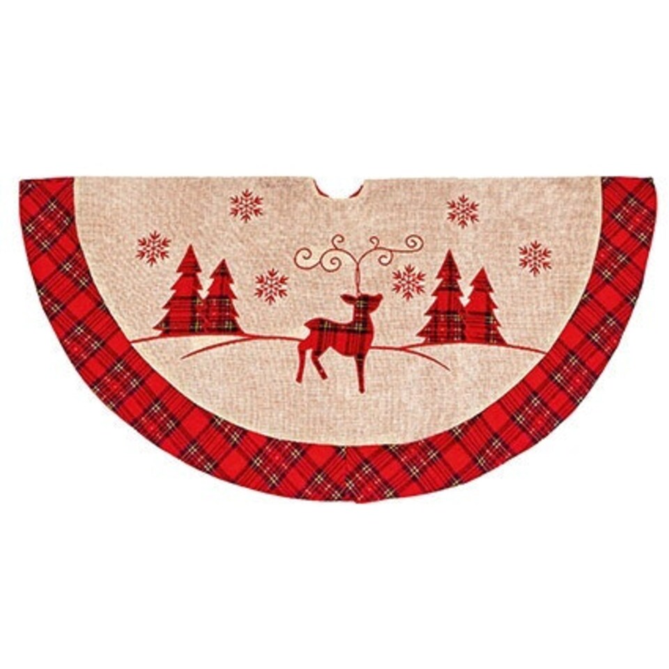 image 1 of Premier Red Reindeer Plaid Tree Skirt 90cm