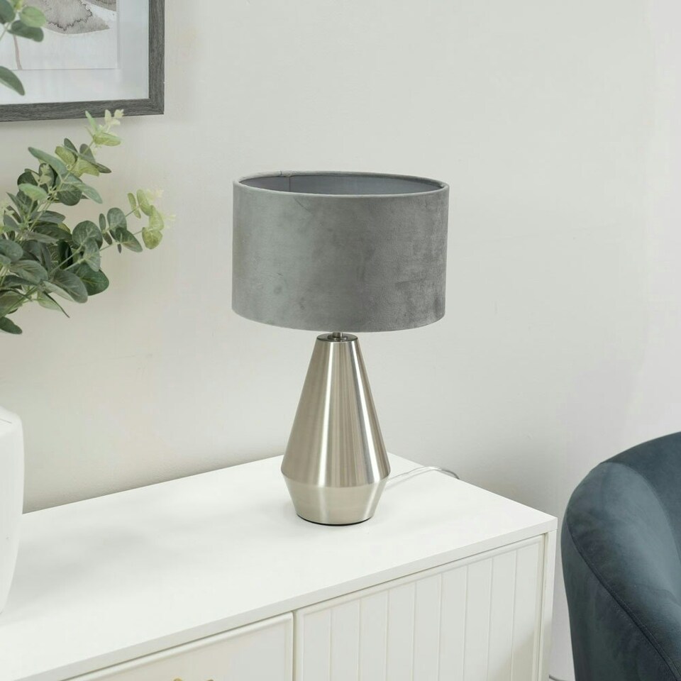 image 1 of ValueLights Jax Brushed Chrome Dimmable Touch Table Lamp with Grey Velvet Drum Shade & LED Bulb