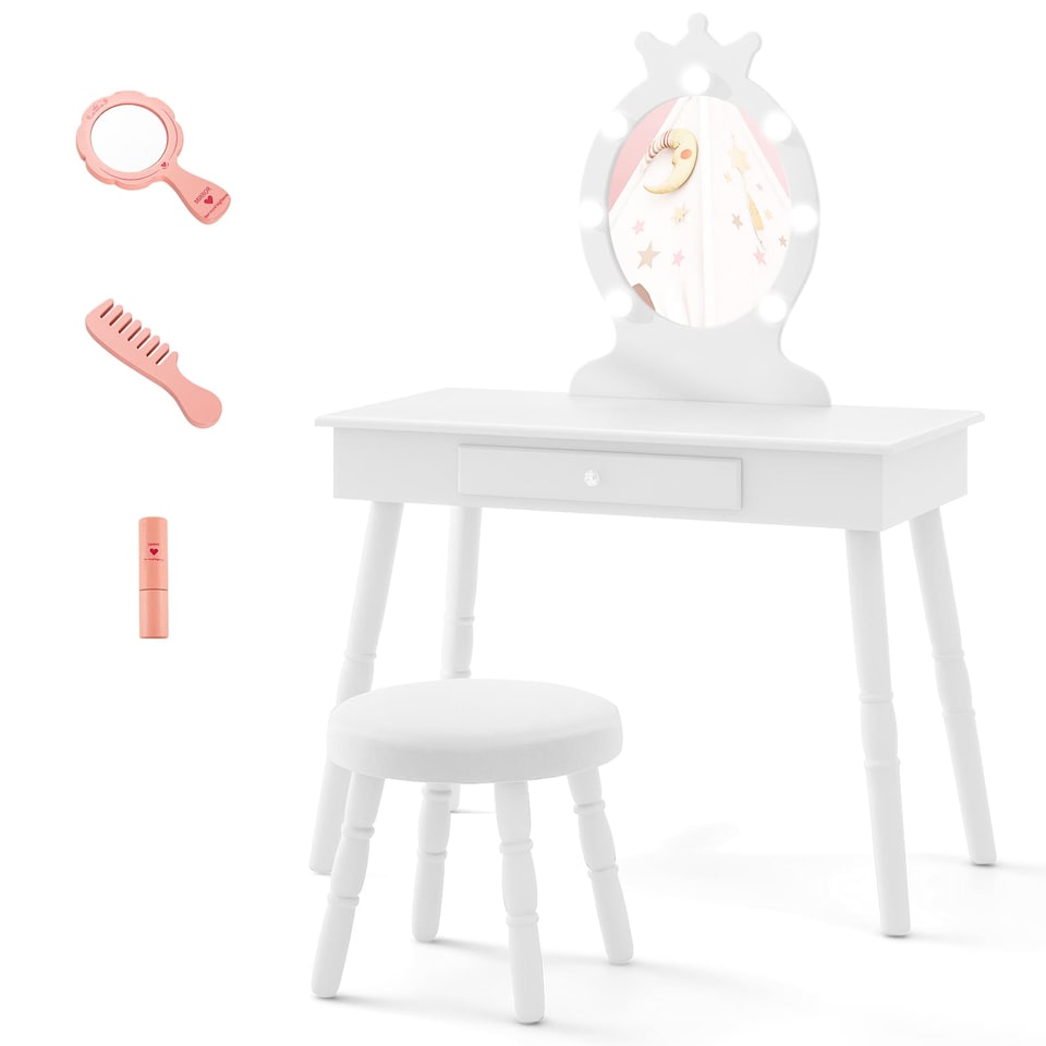 image 1 of COSTWAY Princess Vanity Table & Chair Set Kids Set White